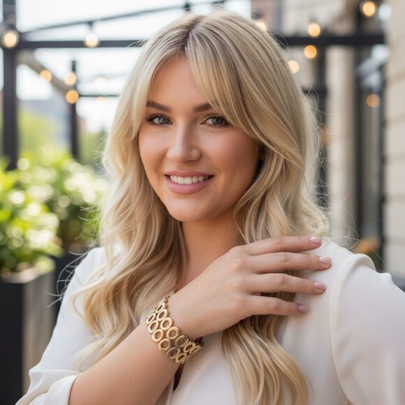 Bella Uno Jewelry - BELLA UNO Gold Hammered Double Oval Tiffany Style Bracelet Stretch Minimalist